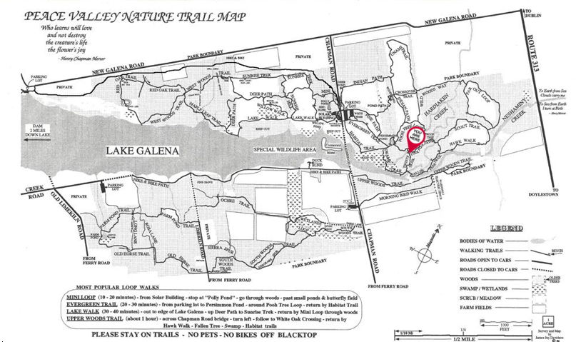 A black and white map of peace valley nature trail