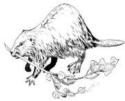 A black and white drawing of a beaver with a stick in its mouth.