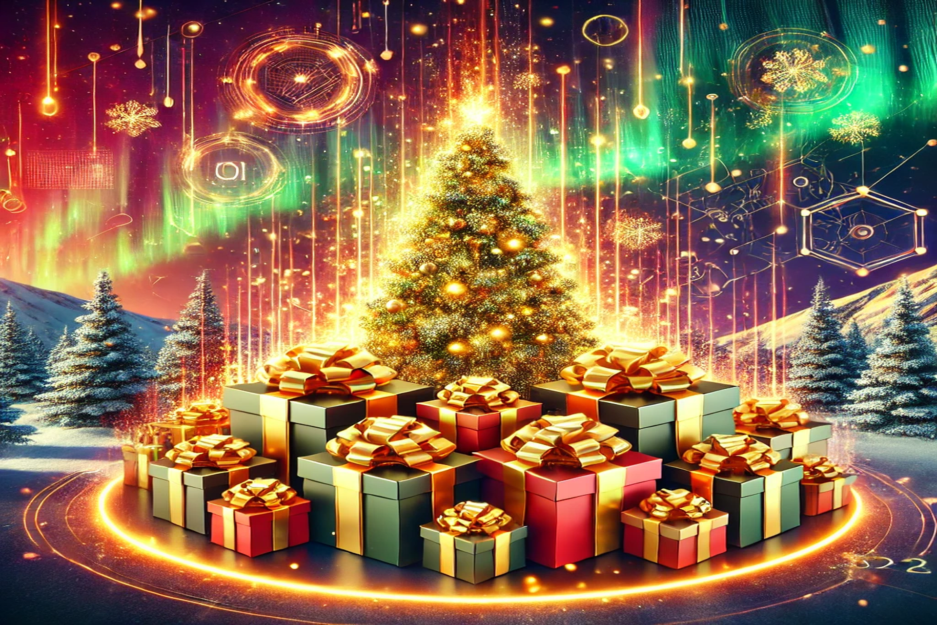 A christmas tree is surrounded by gifts and a glowing circle