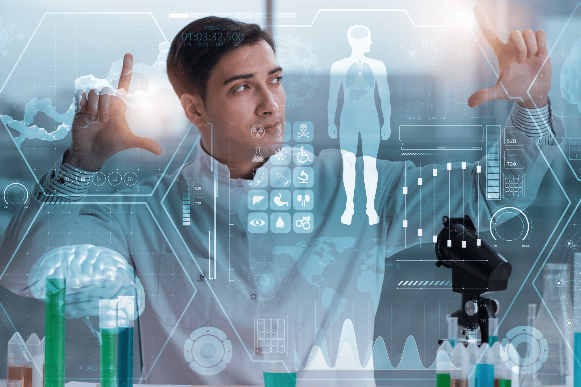 A man in a lab coat is looking at a futuristic screen.