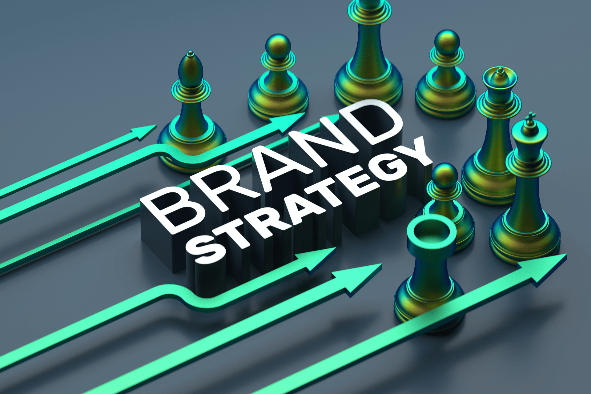 The word brand strategy is surrounded by chess pieces and arrows.