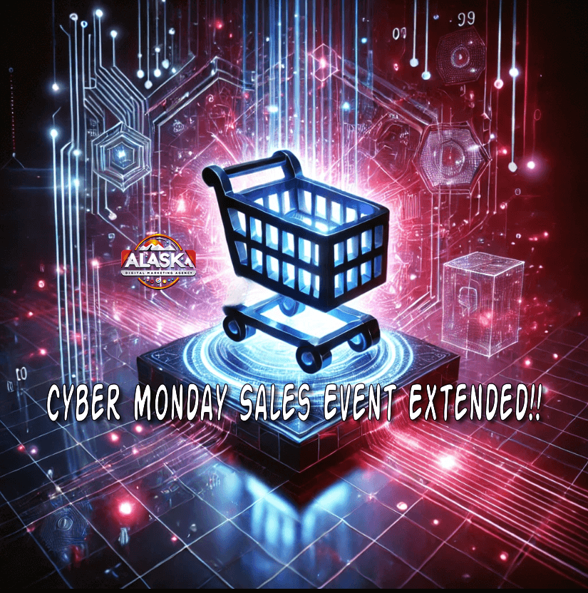 A picture of a shopping cart that says cyber monday sales event extended