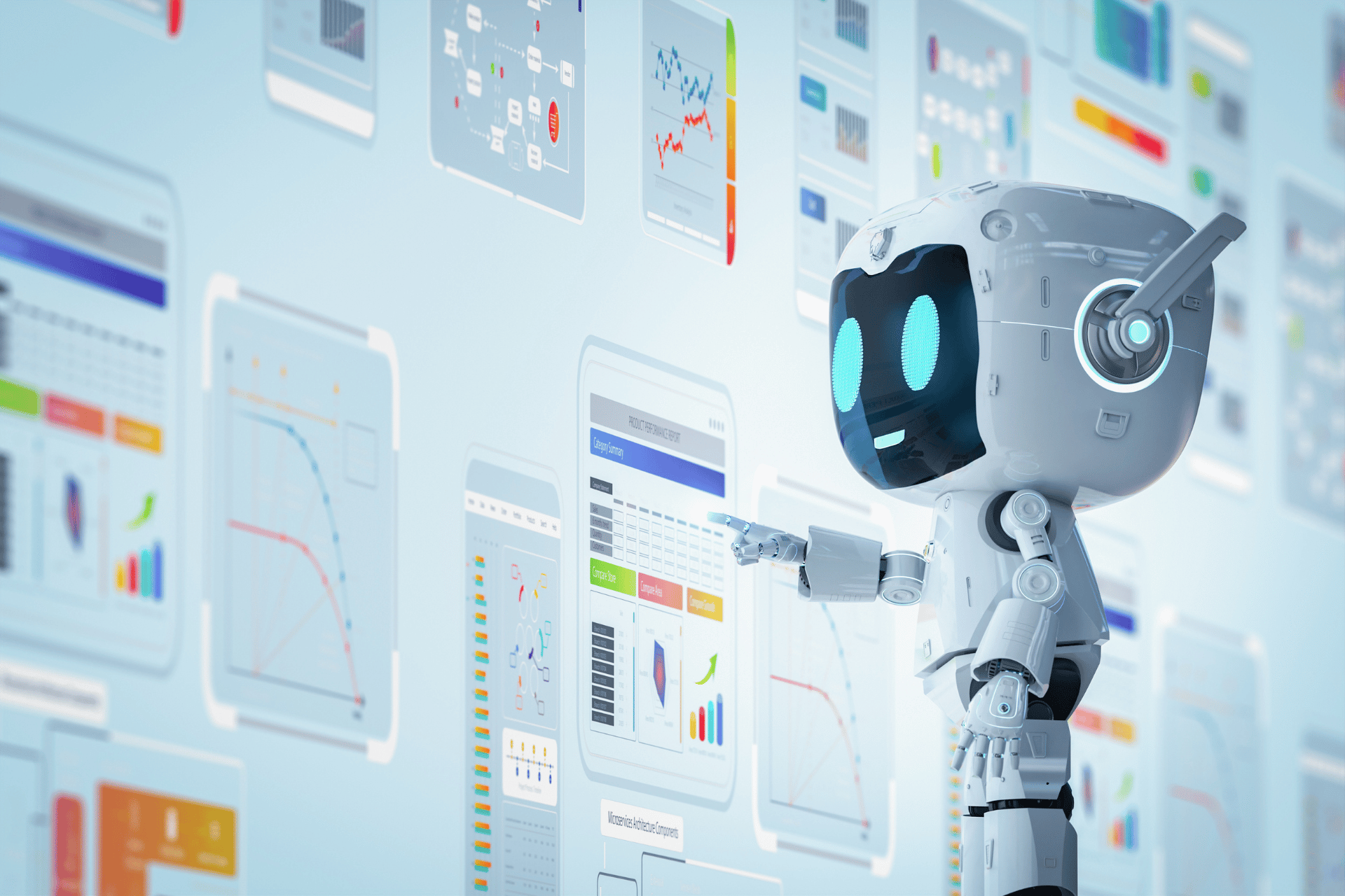 A friendly ai robot in front of a screen pointing at program icons looking at analytics