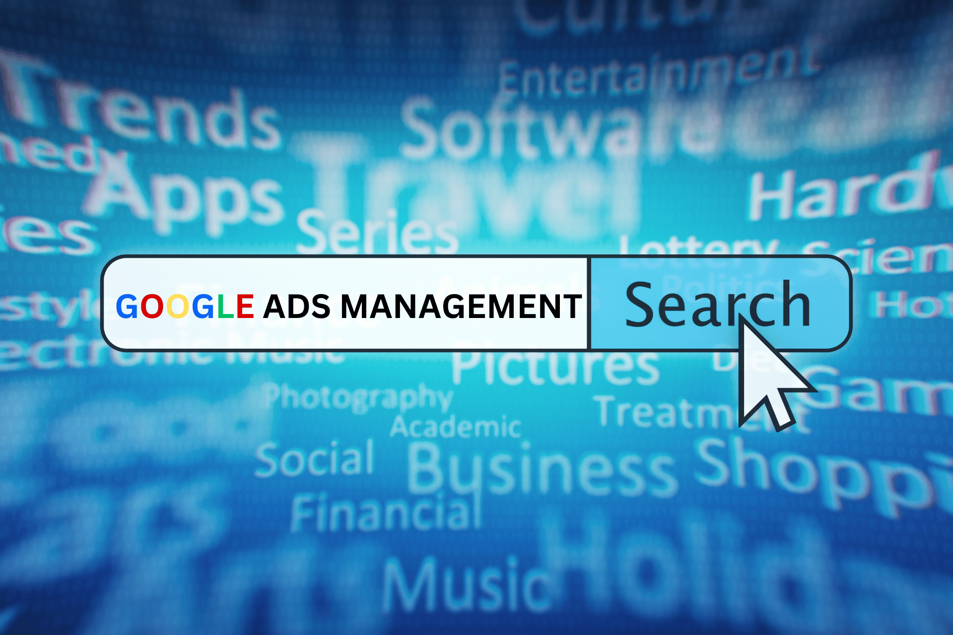 A computer screen shows a search bar for google ads management