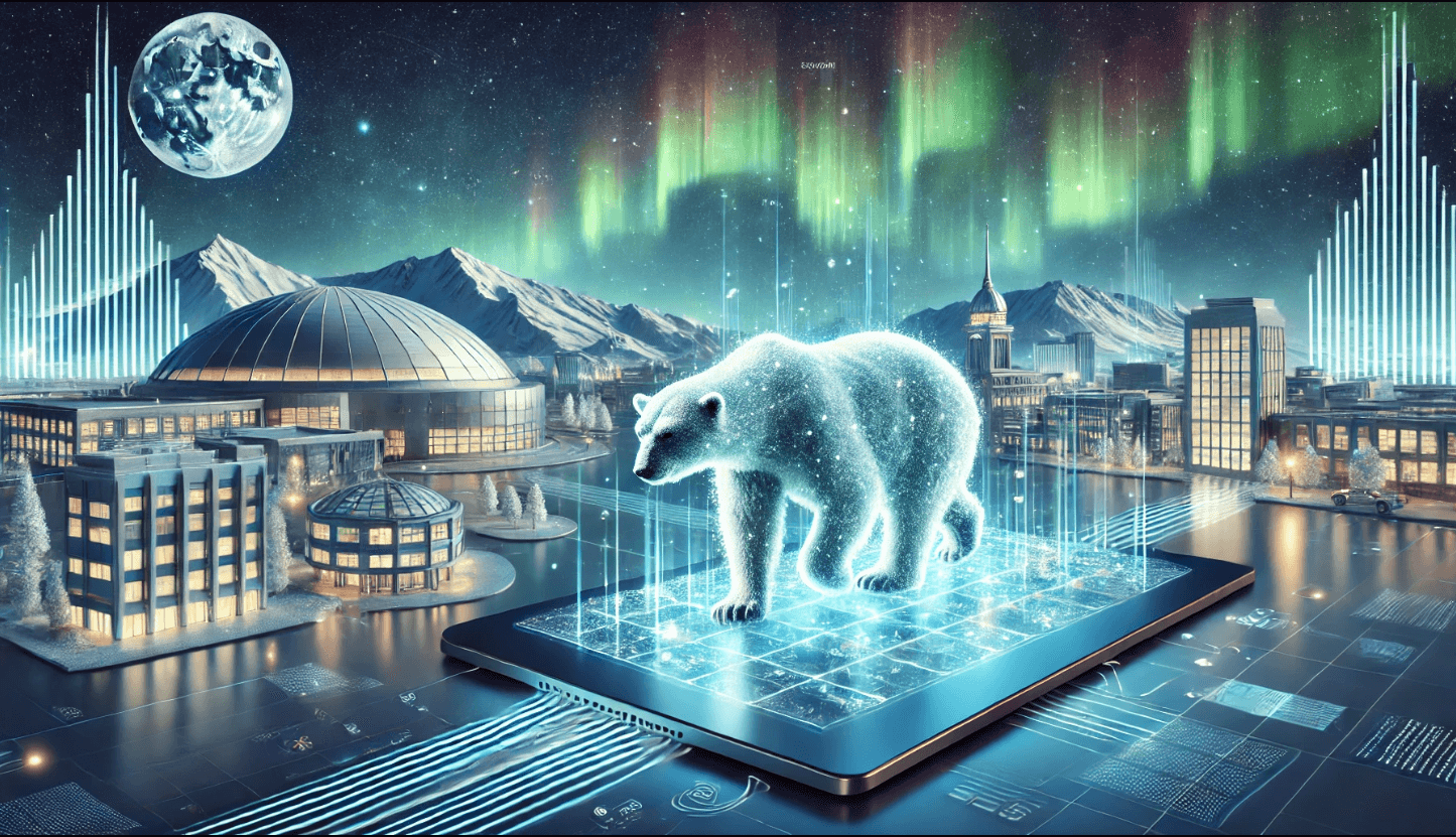 A polar bear is standing on a cell phone with the aurora borealis in the background.