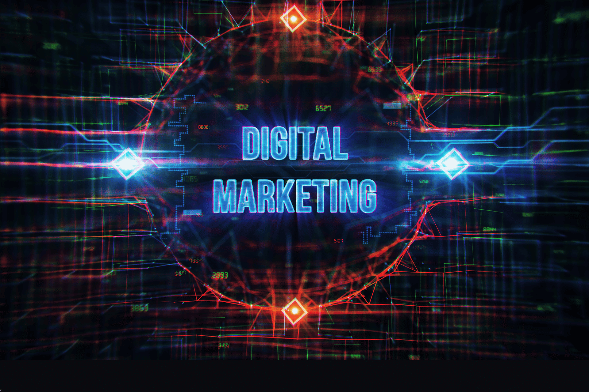 The word digital marketing is displayed on a futuristic background.