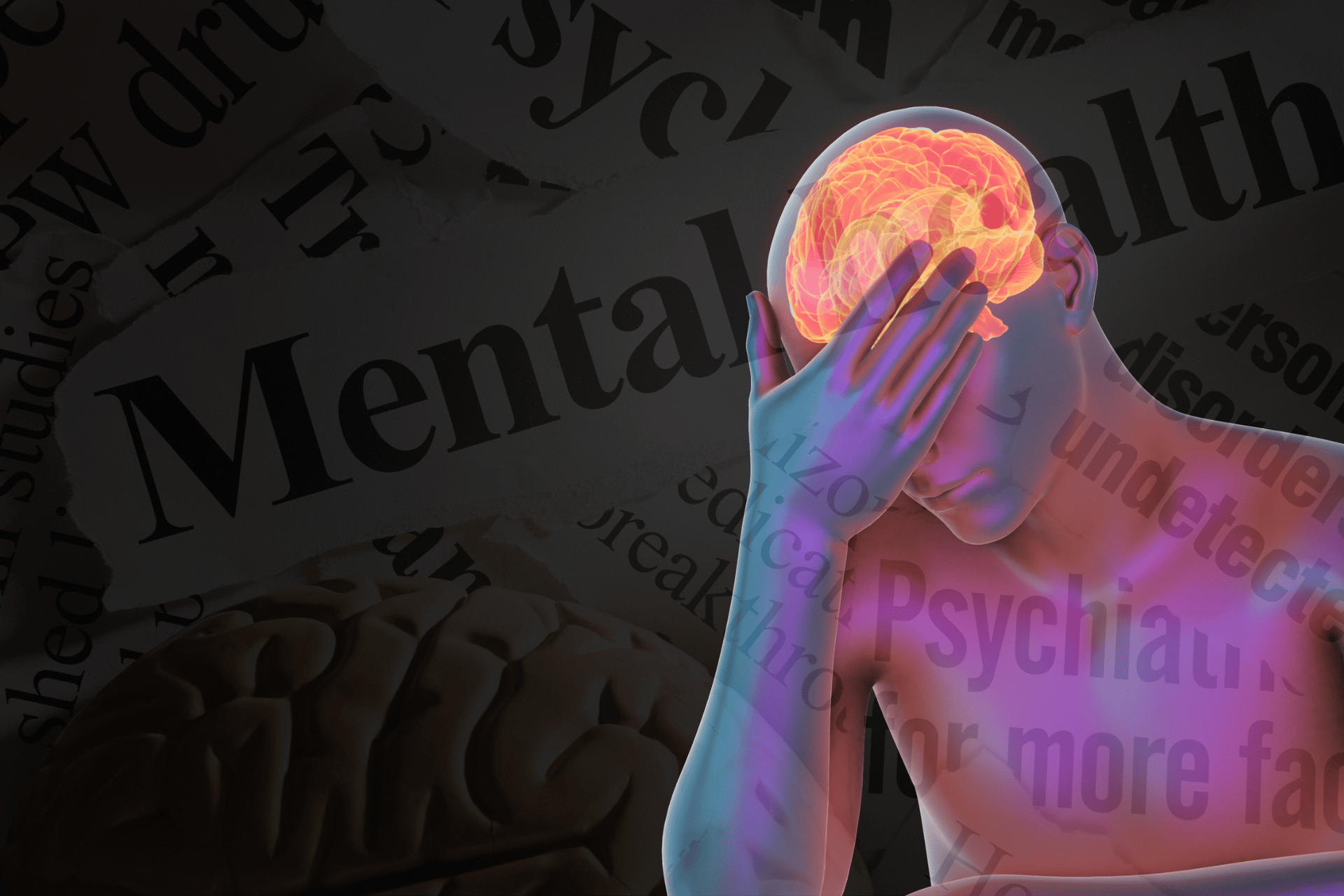 A man covering his face in front of a newspaper that says mental health