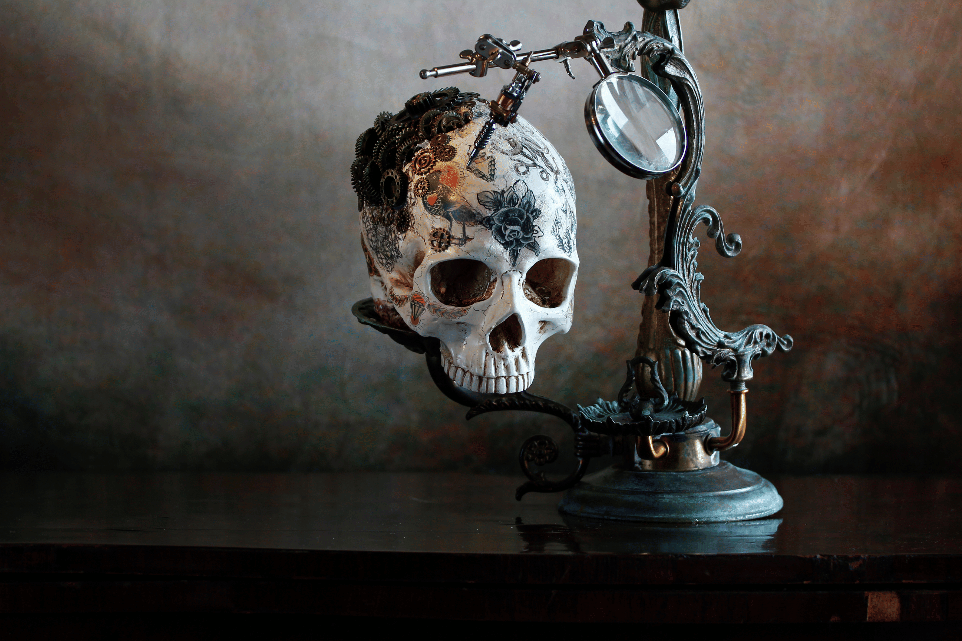 A skull with a magnifying glass attached to it