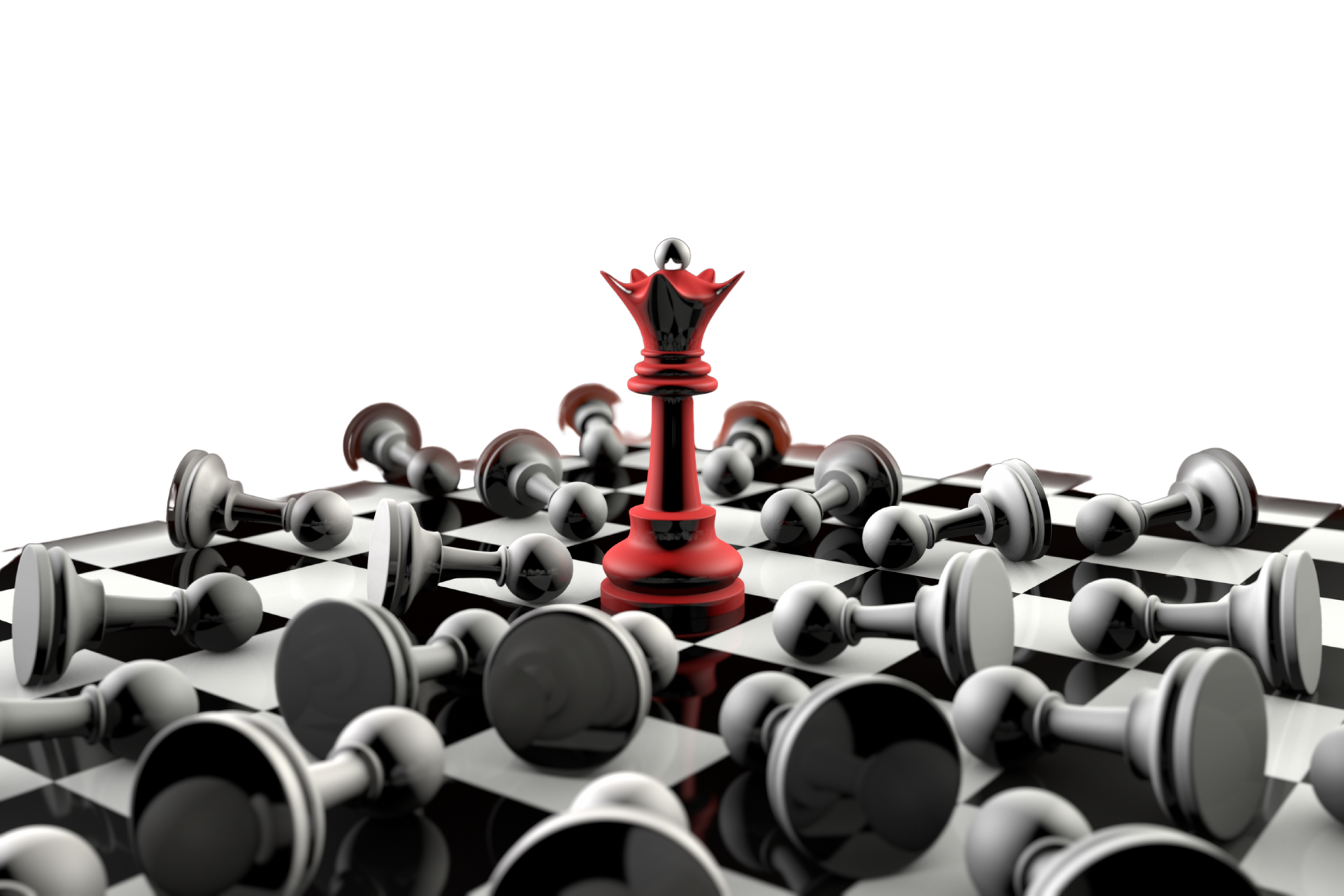 A red chess piece is standing in the middle of a chess board surrounded by black and white chess pieces.