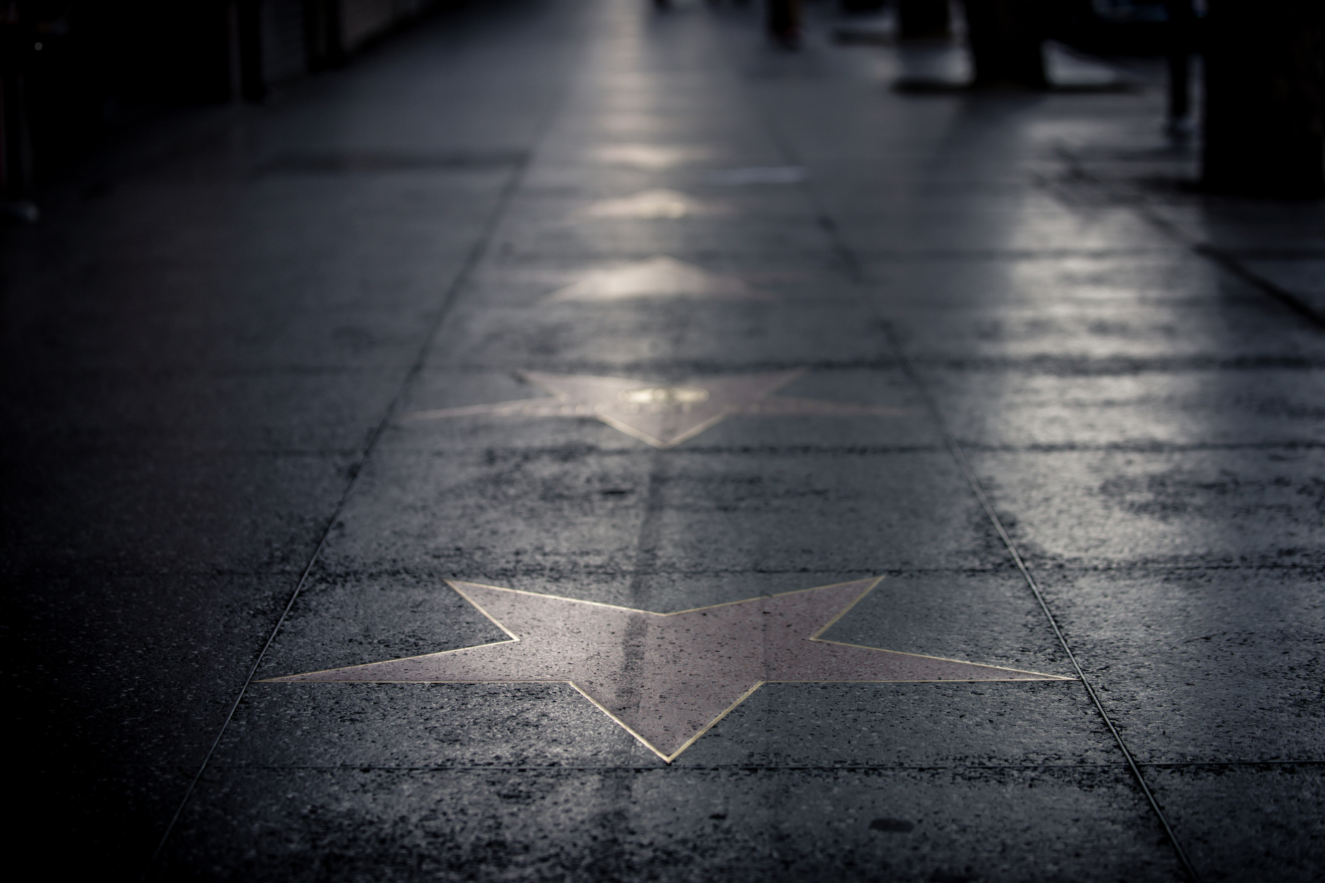 A row of stars on the sidewalk of a hollywood walk of fame.