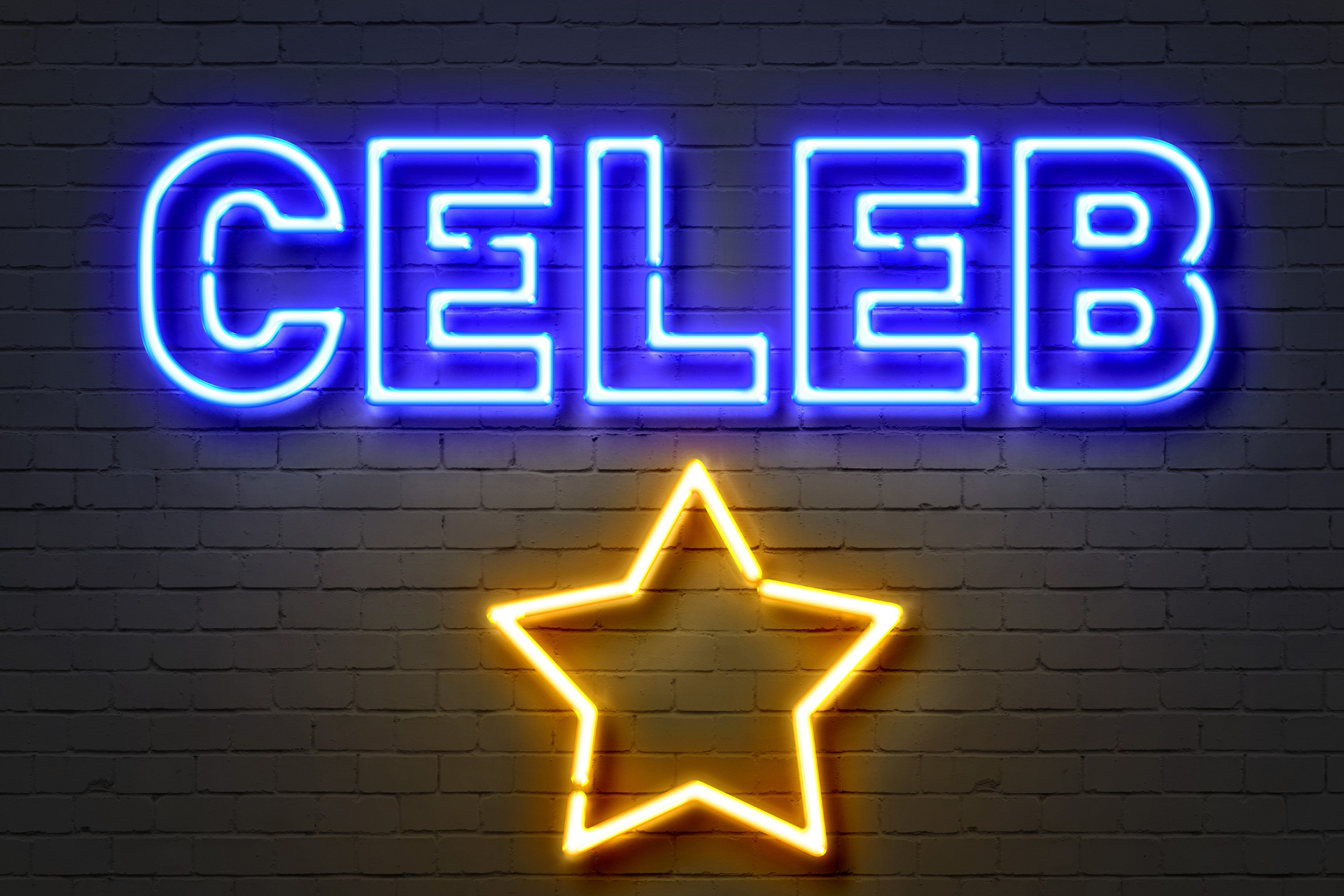 A neon sign with the word celeb and a star on a brick wall.