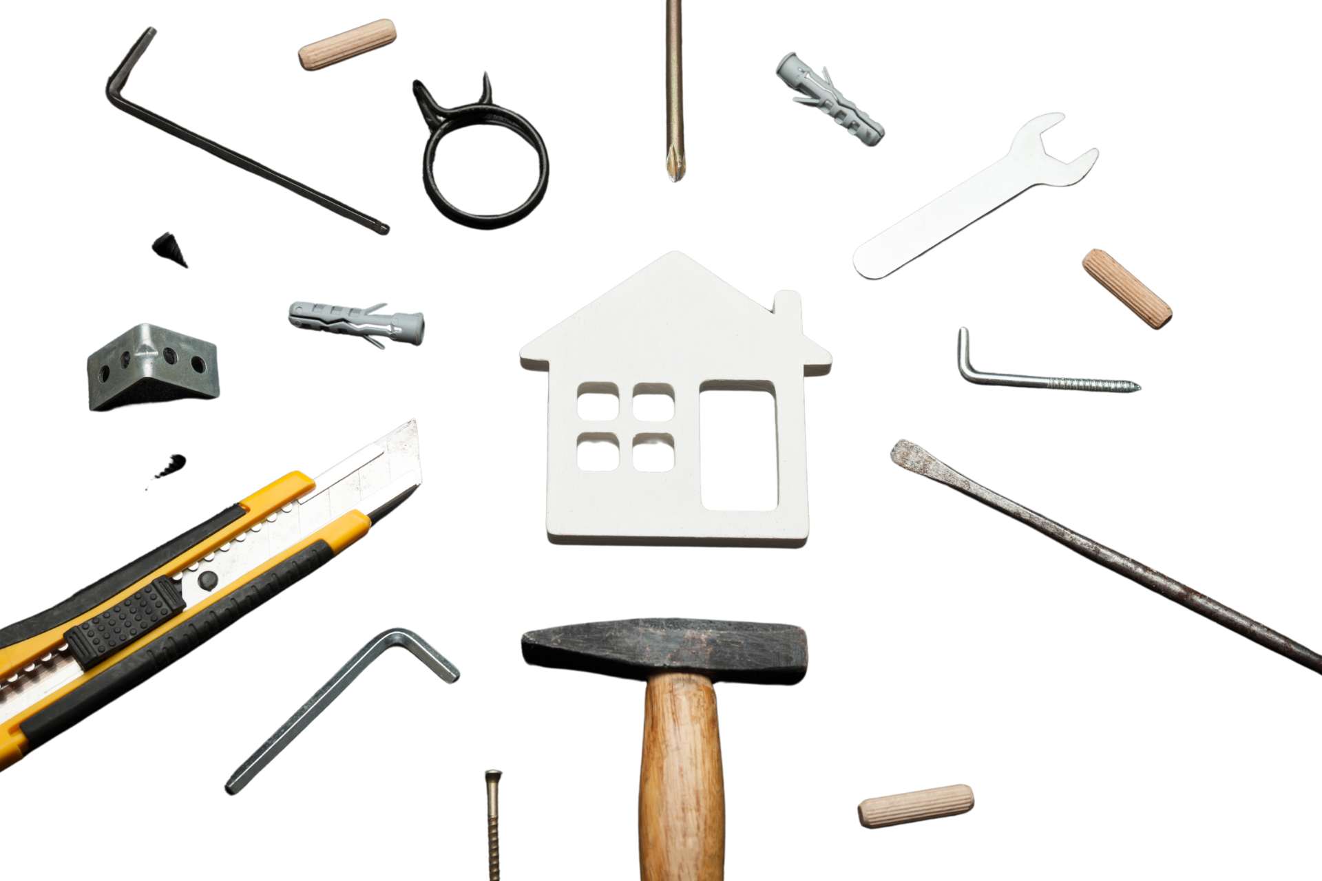 A hammer is surrounded by various tools and a model of a house.