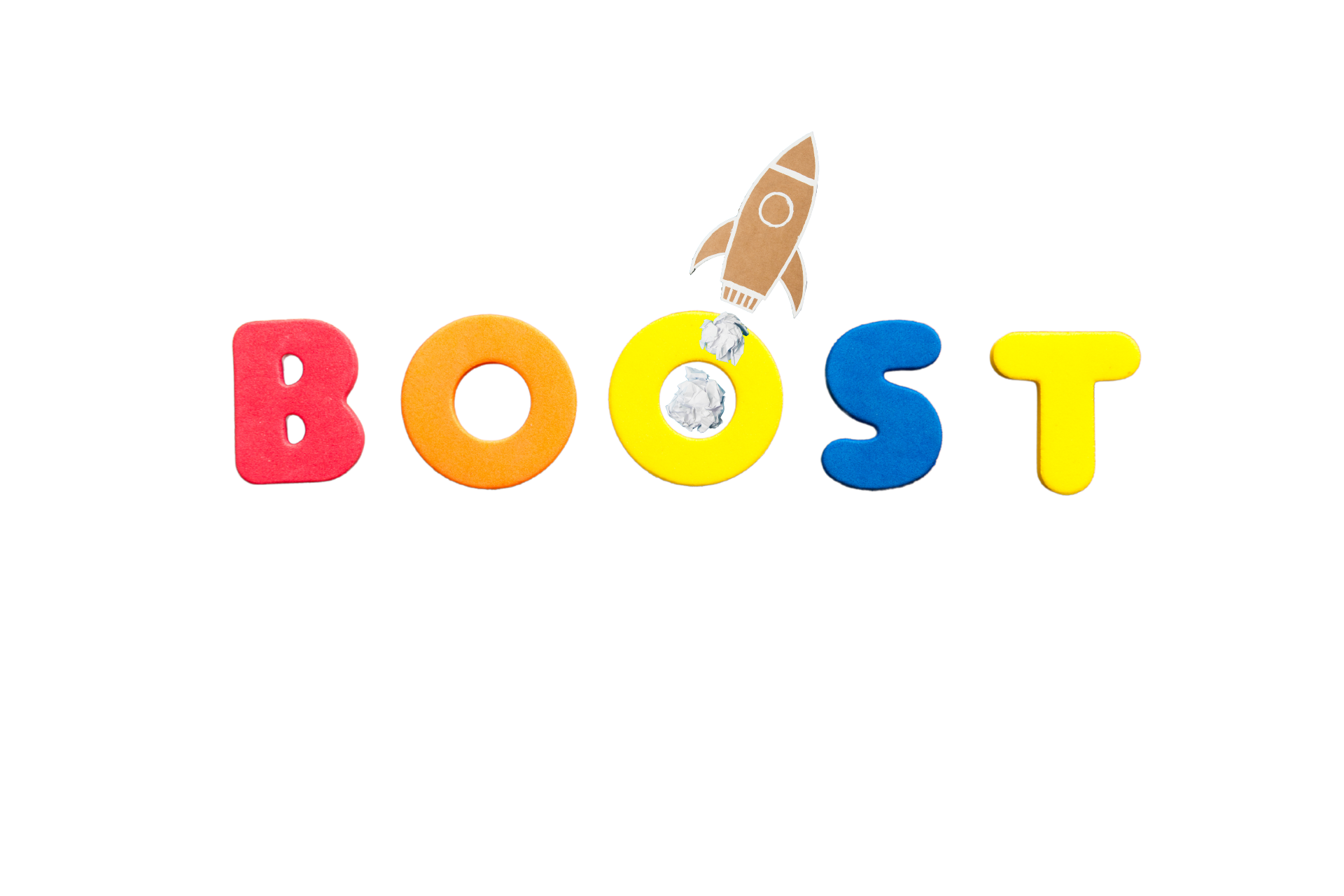 The word boost is written in colorful letters with a rocket in the middle.