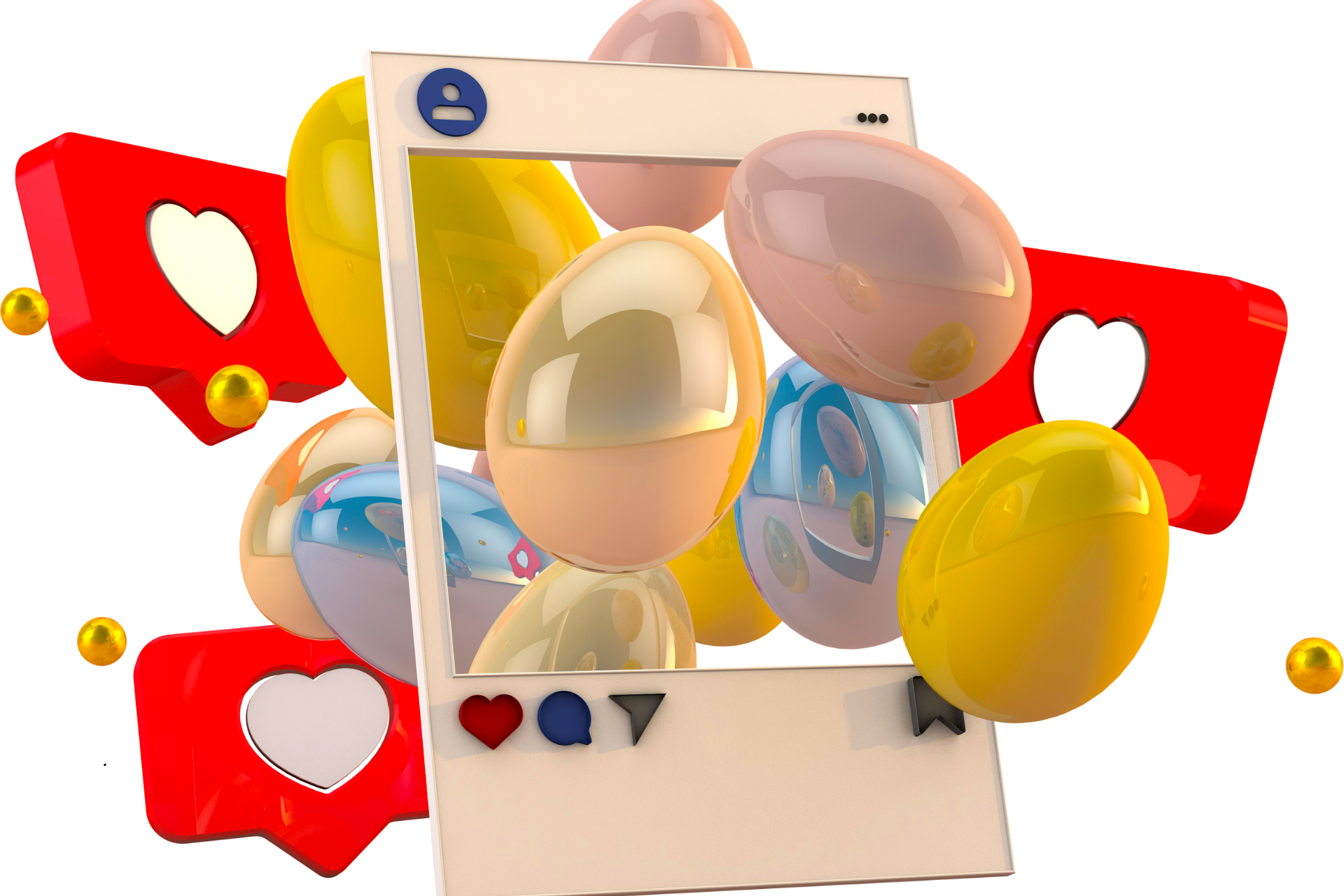 A picture frame surrounded by balloons and hearts on a white background.