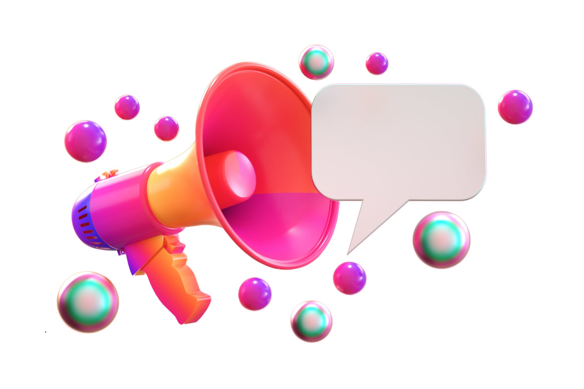 A megaphone with a speech bubble surrounded by colorful balls.