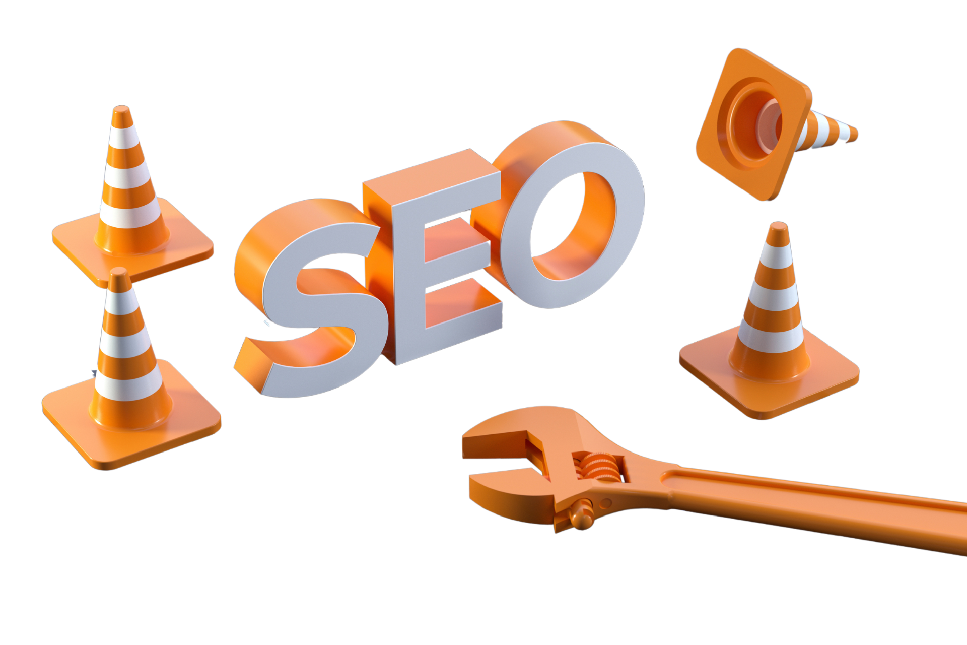 The word seo is surrounded by orange traffic cones and a wrench.