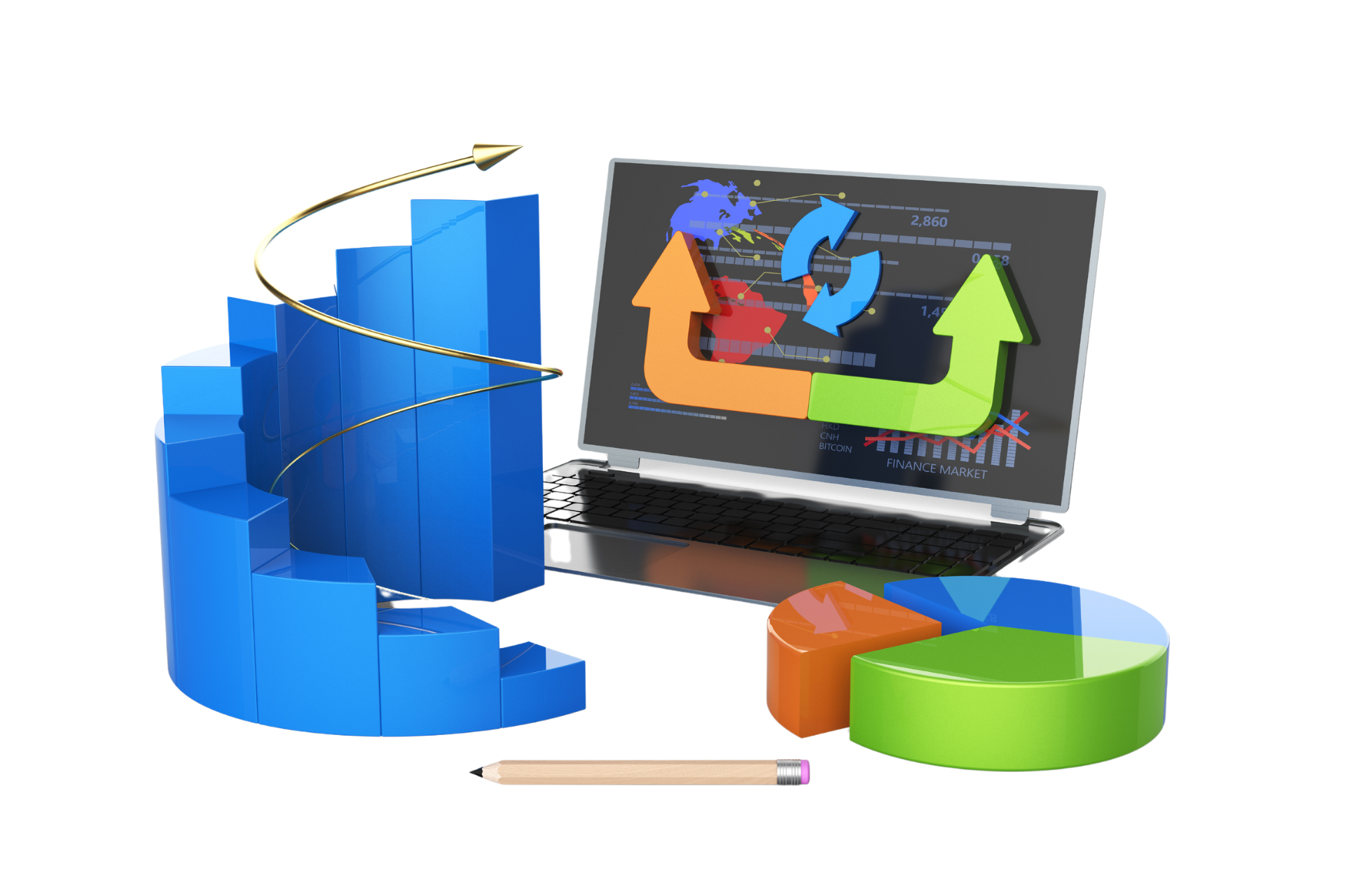 A laptop computer with a graph and pie charts on it.