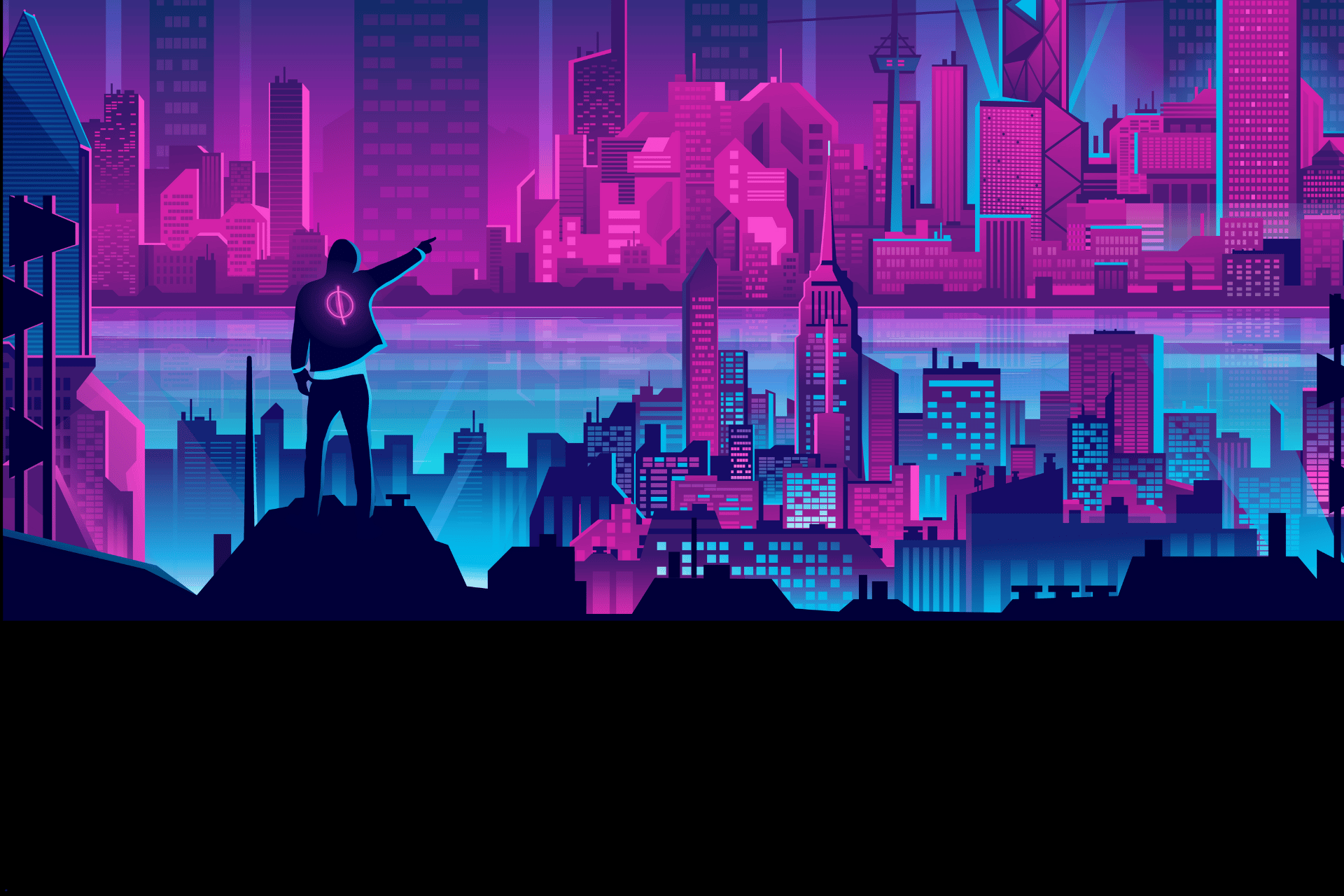 A man is standing on top of a hill overlooking a futuristic city.