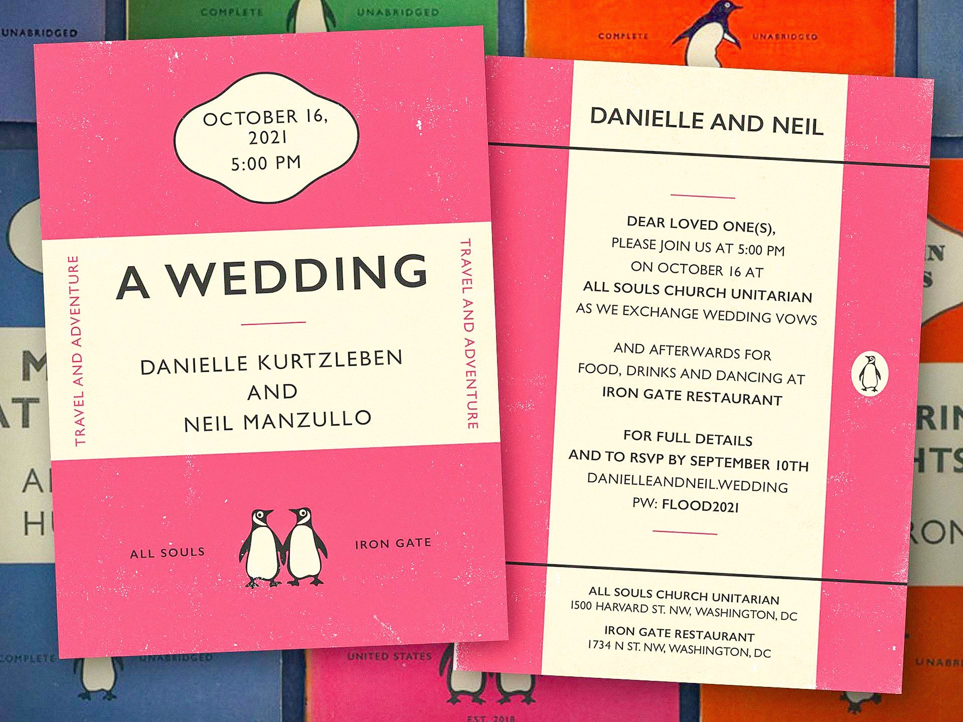 a custom designed penguin press vintage book cover announcing the wedding of danielle and neil