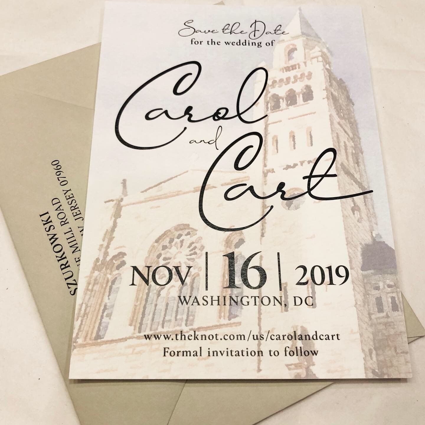 a save the date for the wedding of carol and cart featuring a watercolor illustration of the church exterior