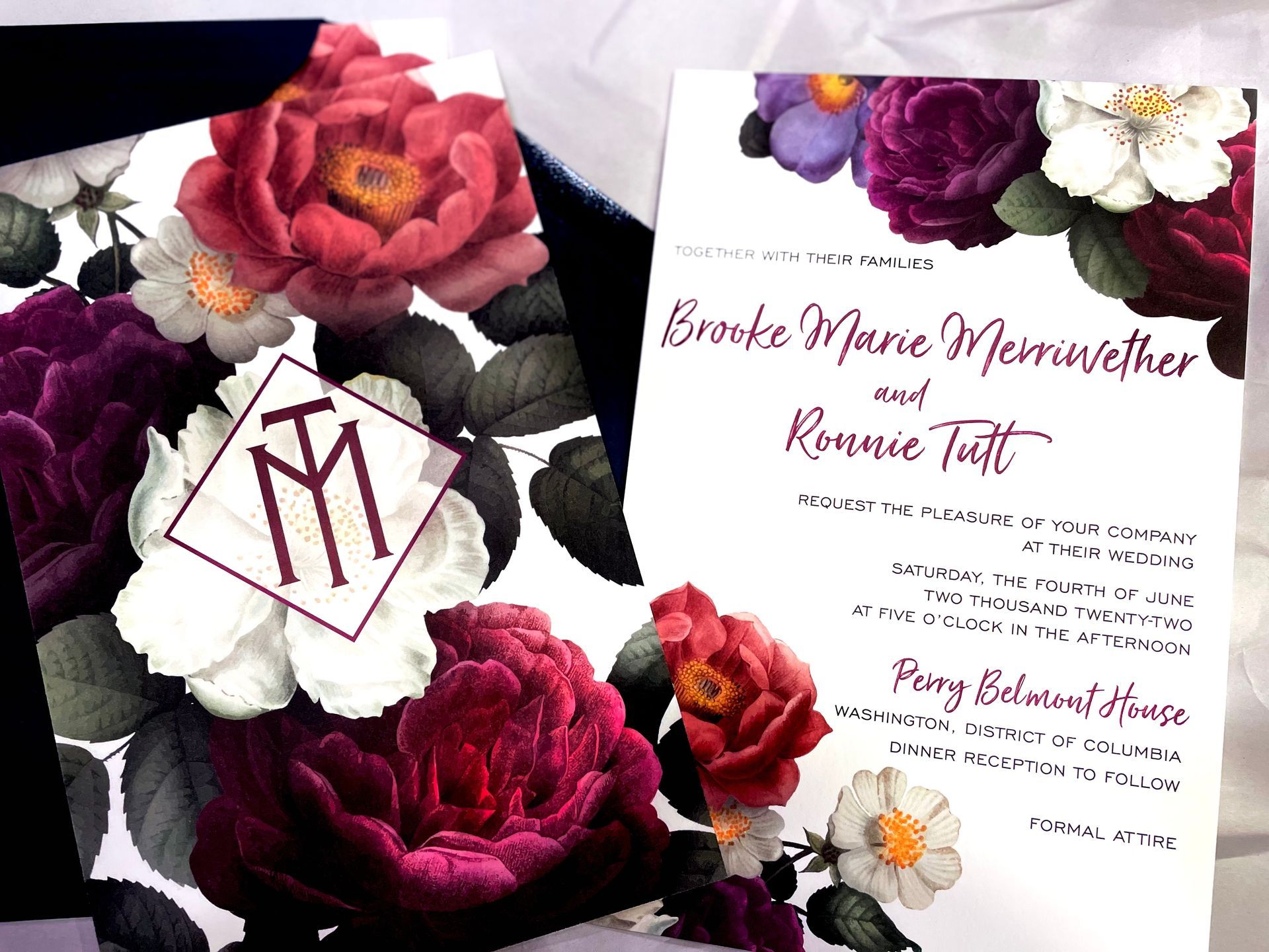 a wedding invitation for brooke marie merriwether and ronnie tutt floral design and monogram