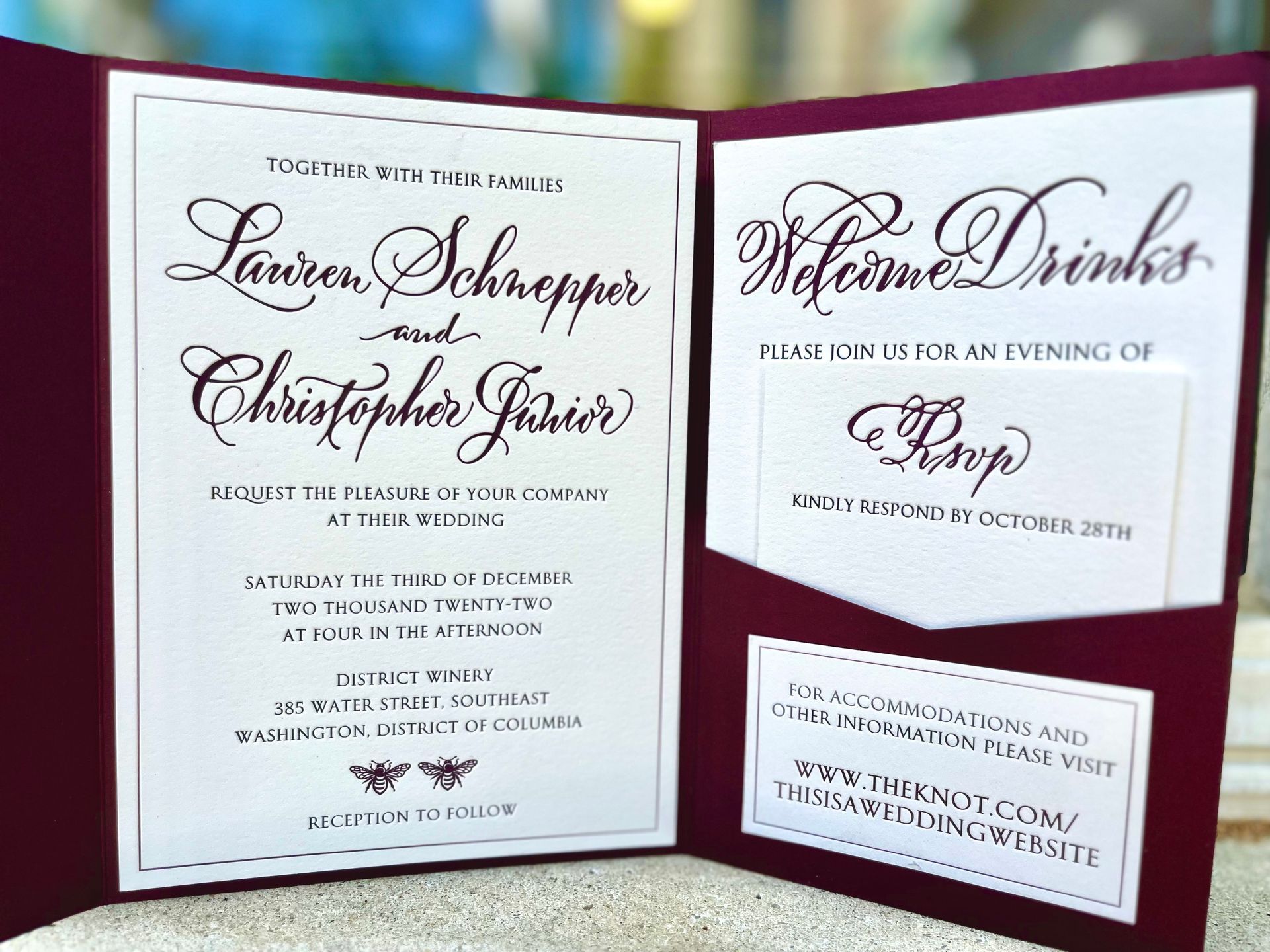 a letterpressed wedding invitation for lauren schroeder and christopher junior with hand drawn calligraphy. the whole suite is in a pocketfold for mailing.
