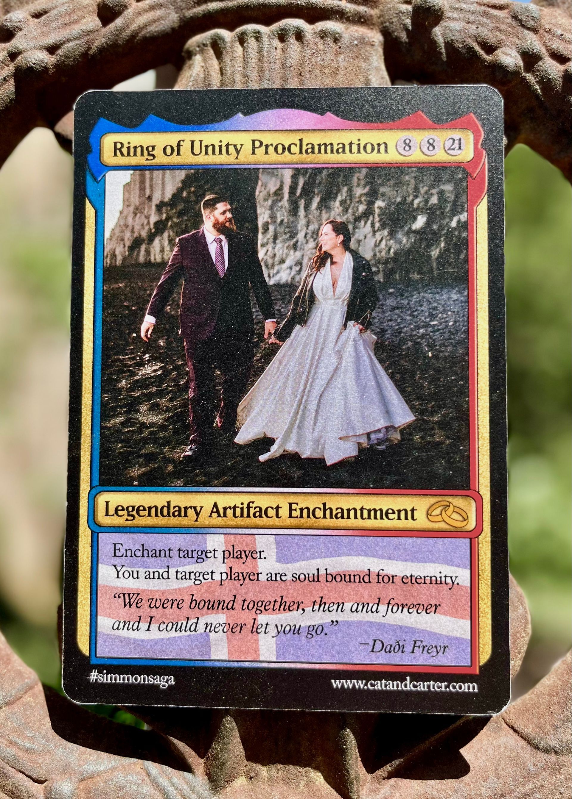 an invitation custom styled after a magic the game card with the couples photo from the wedding