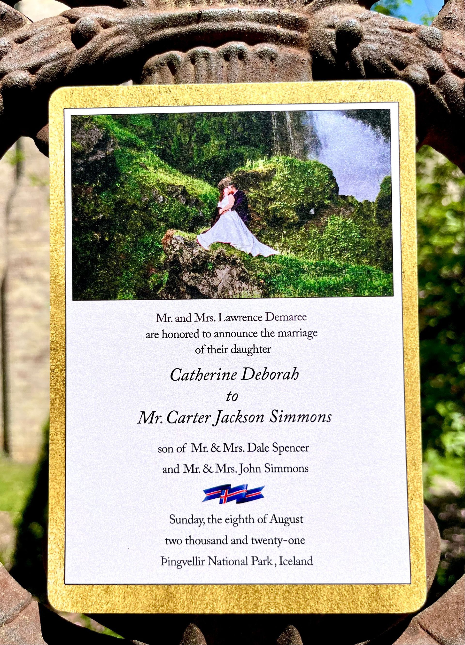 an invitation custom styled after a magic the game card with the couples photo from the wedding and invitation language