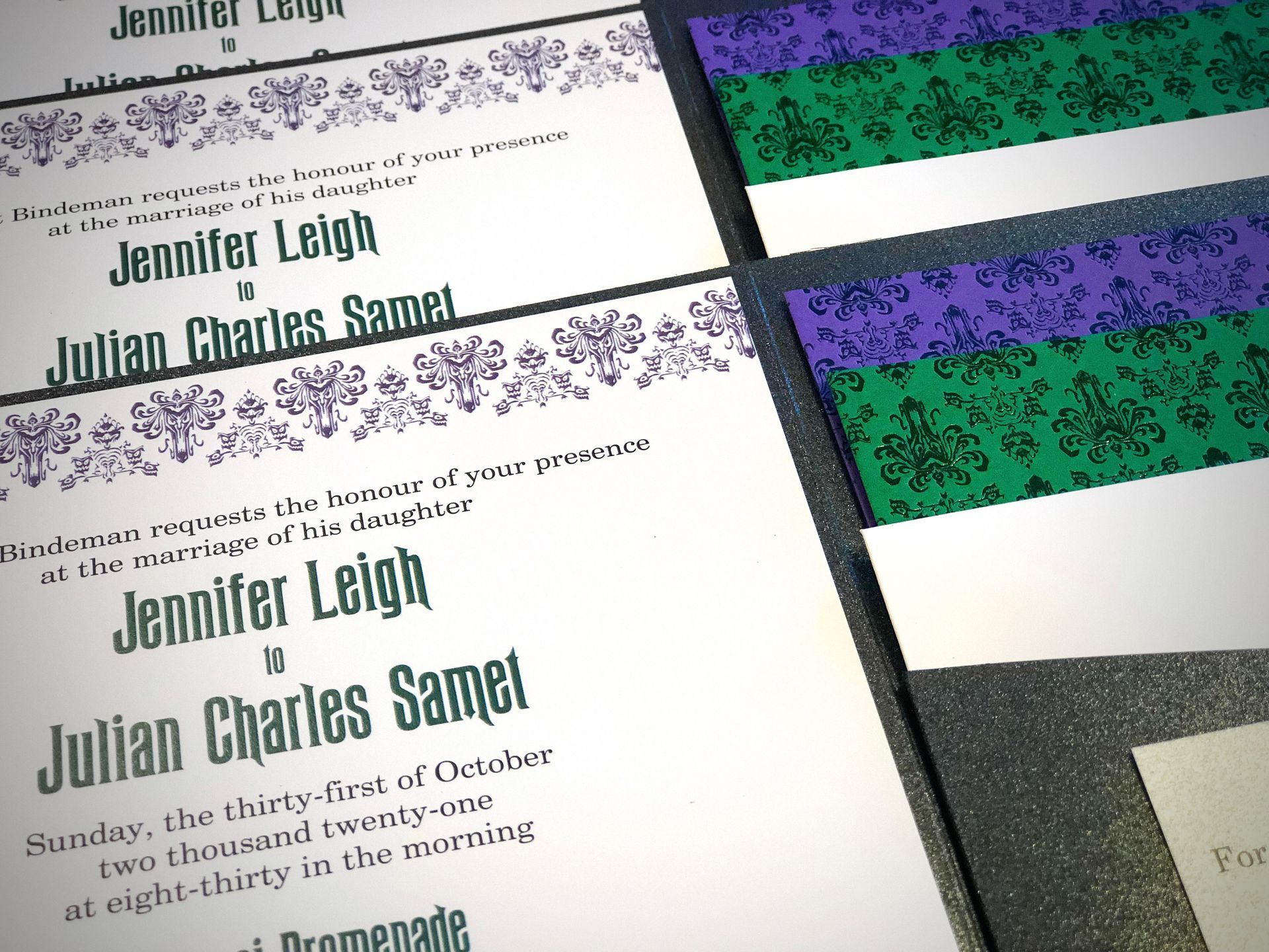 a disney inspired wedding invitation for julian charles samet and jennifer leigh influenced by the haunted house pattern and colors