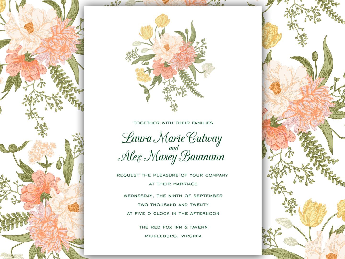 a wedding invitation for laura marie culway and alex massey baumann featuring a simple floral bouquet and elegant typography