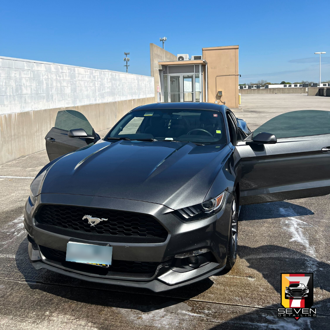 A black Mustang detailed by a mobile detailing company.