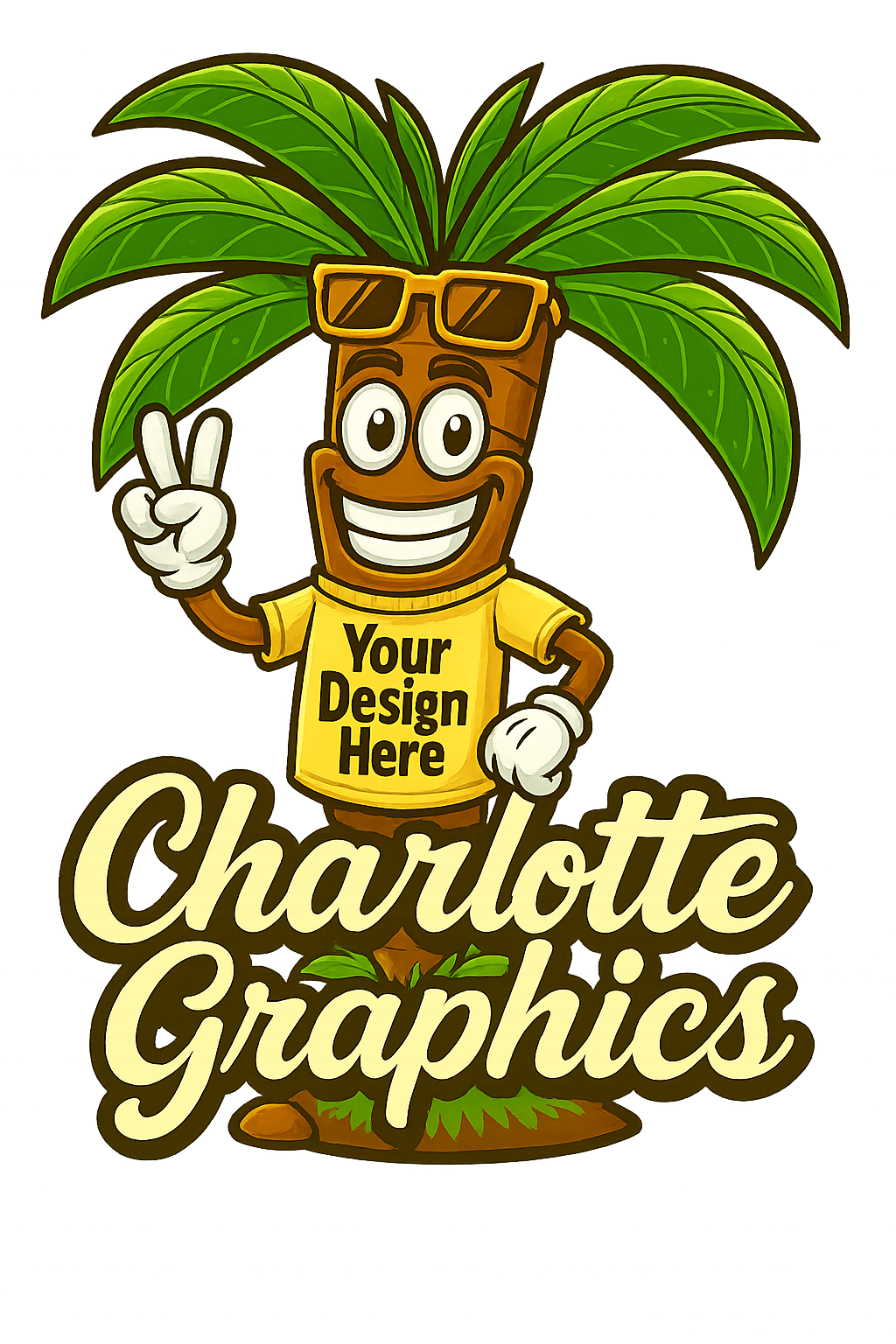 Cartoon palm tree character with sunglasses and a t-shirt that says "Your Design Here", with a peace sign, the text "Charlotte Graphics".