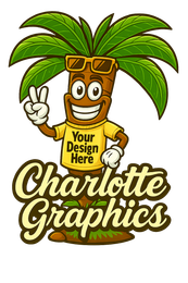 Cartoon palm tree character with sunglasses and a t-shirt that says "Your Design Here", with a peace sign, the text "Charlotte Graphics".