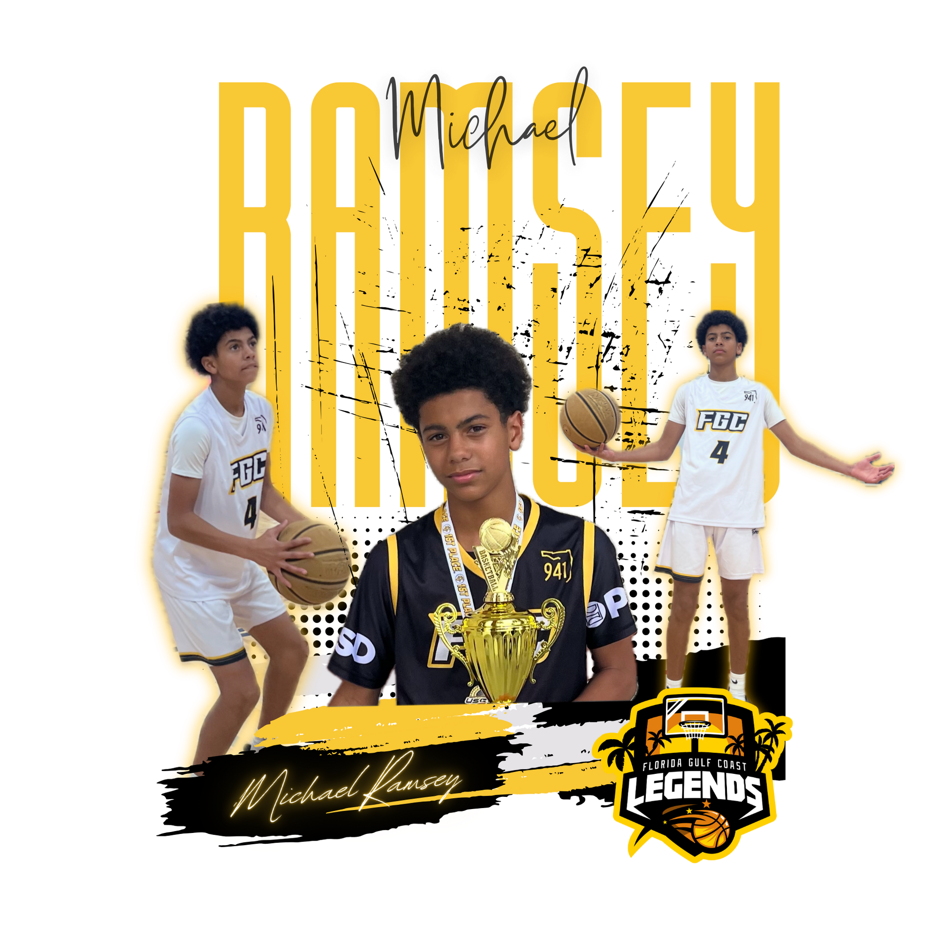 Three young basketball players in yellow and black uniforms; One shooting, one standing, one holding the ball. Name: Jordan Hall.