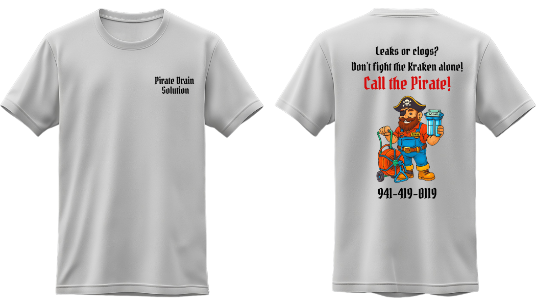 Front and back of a white t-shirt with a cartoon pirate design and text.