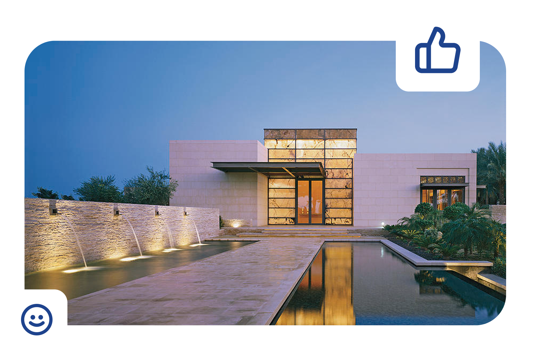 Blue tiled swimming pool with three white chairs on the deck.