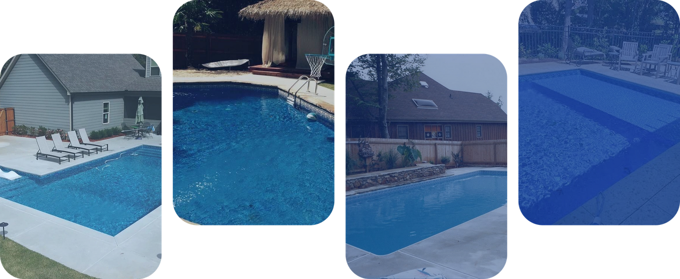 Four swimming pools with blue water and surrounding patios and houses.
