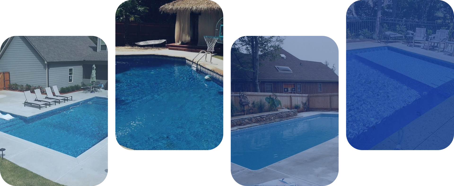 Four swimming pools with blue water and surrounding patios and houses.