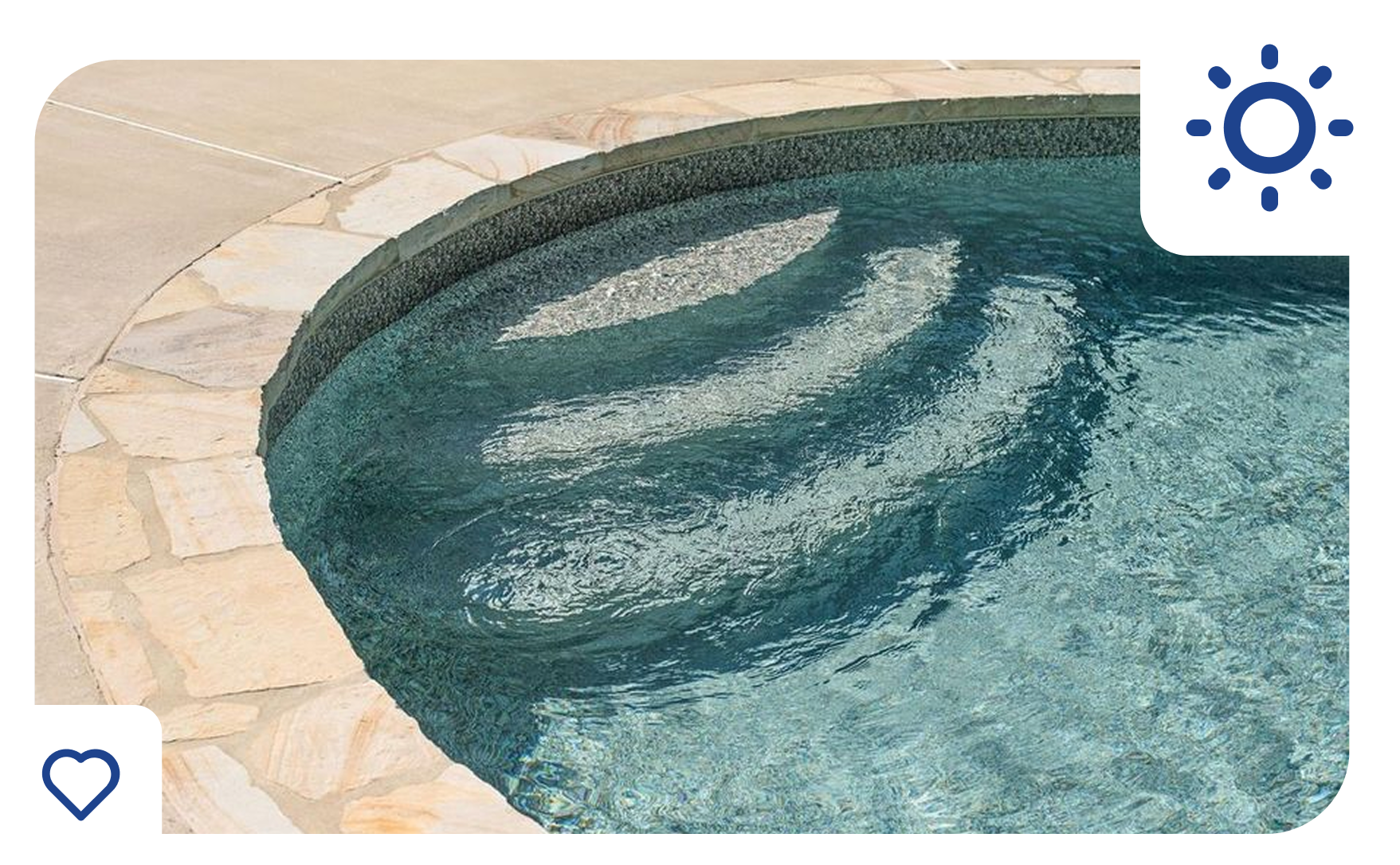 Pool with steps, light blue water, and stone border, sunny conditions.