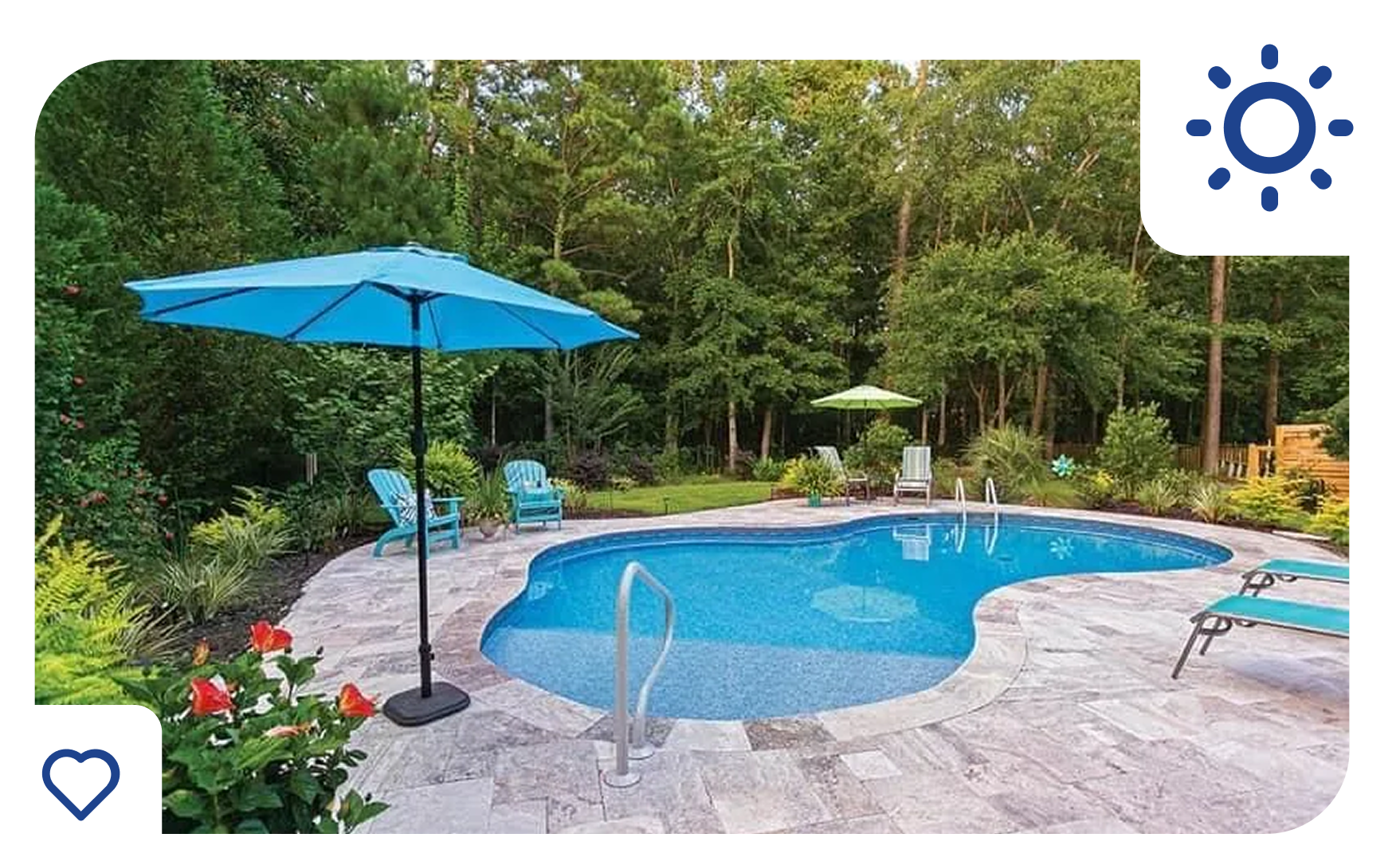 Blue pool with patio, umbrellas, and chairs in a wooded backyard setting.