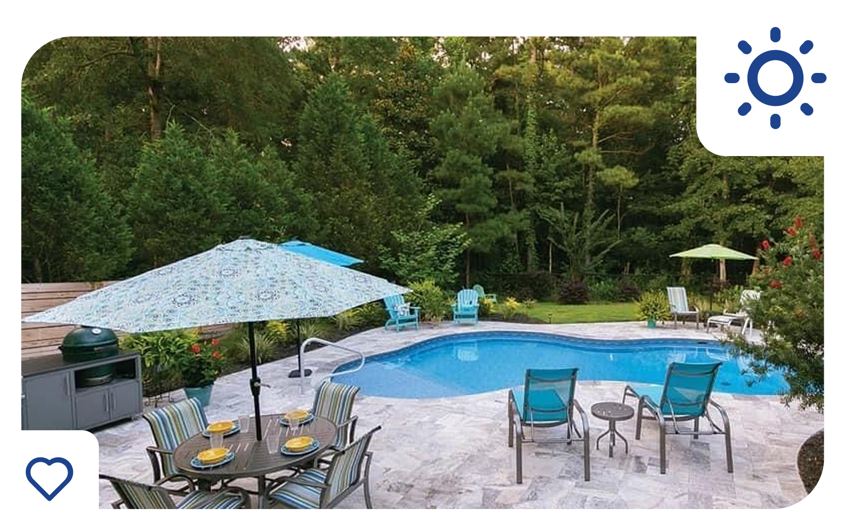 Poolside patio with pool, tables, umbrellas, and lush greenery.