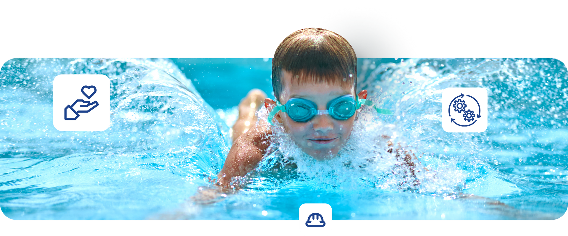Boy swimming in a pool, wearing goggles. Water splashes around him. Icons of a heart, gear, and construction.