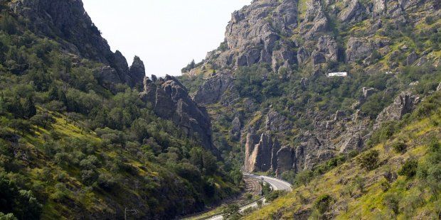 A panoramic view of the Despeñaperros Train and A4 Autovia in Andalusia, Spain.