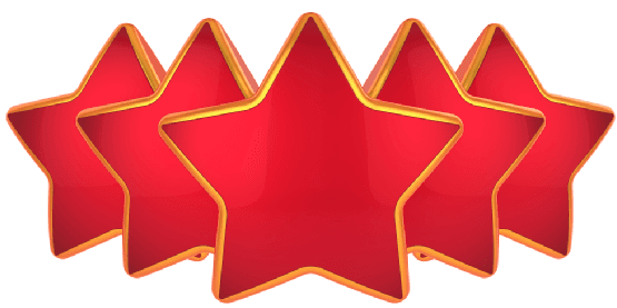Five red stars with gold trim, arranged in a row.