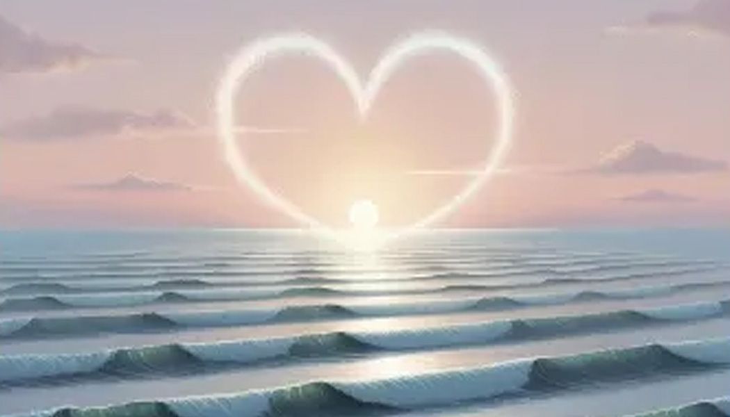 Ocean waves reflecting a sunset framed by a heart-shaped cloud.
