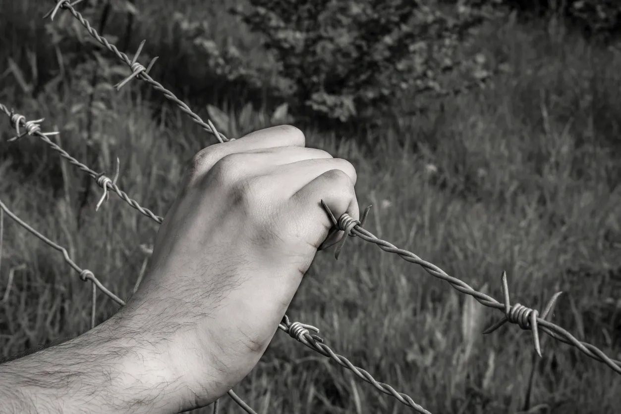 Hand grasping barbed wire fence in a grassy field.