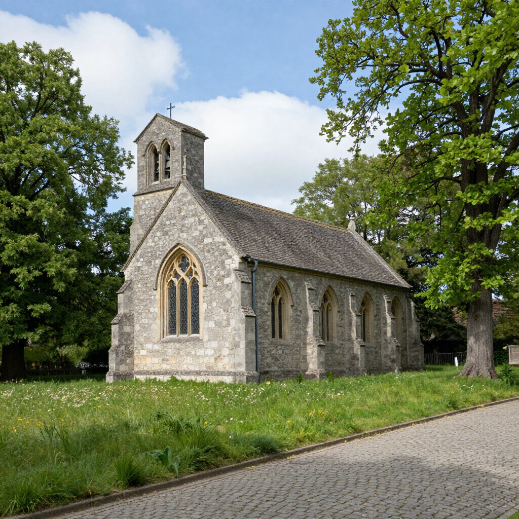 A stone church with a bell turret sits in a grassy, sunlit clearing surrounded by large trees next to a cobblestone path.
