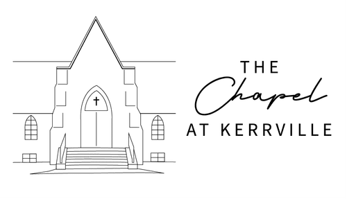A line-art illustration of a chapel with the text 