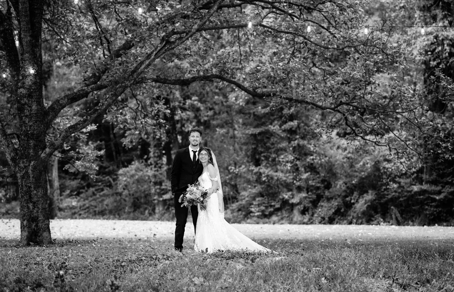A bride and groom stand together in a grassy field beneath a large tree strung with fairy lights.