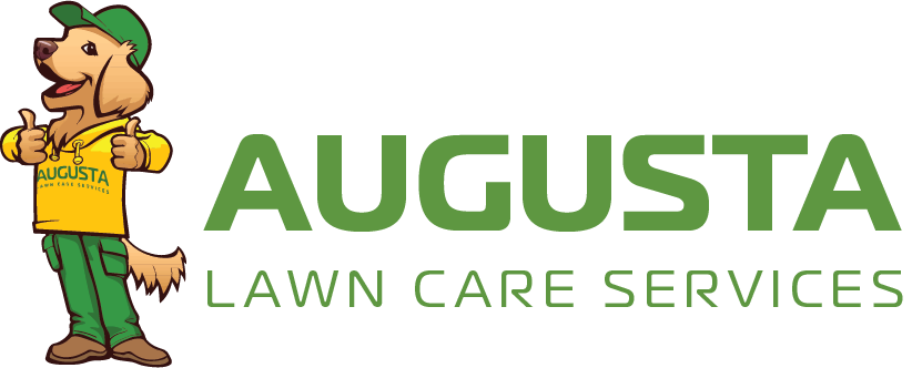 a logo for augusta lawn care services with a dog giving a thumbs up .